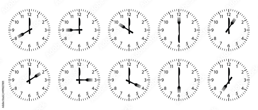 Clock with time breakfast. Clock with fork and knife. Food time