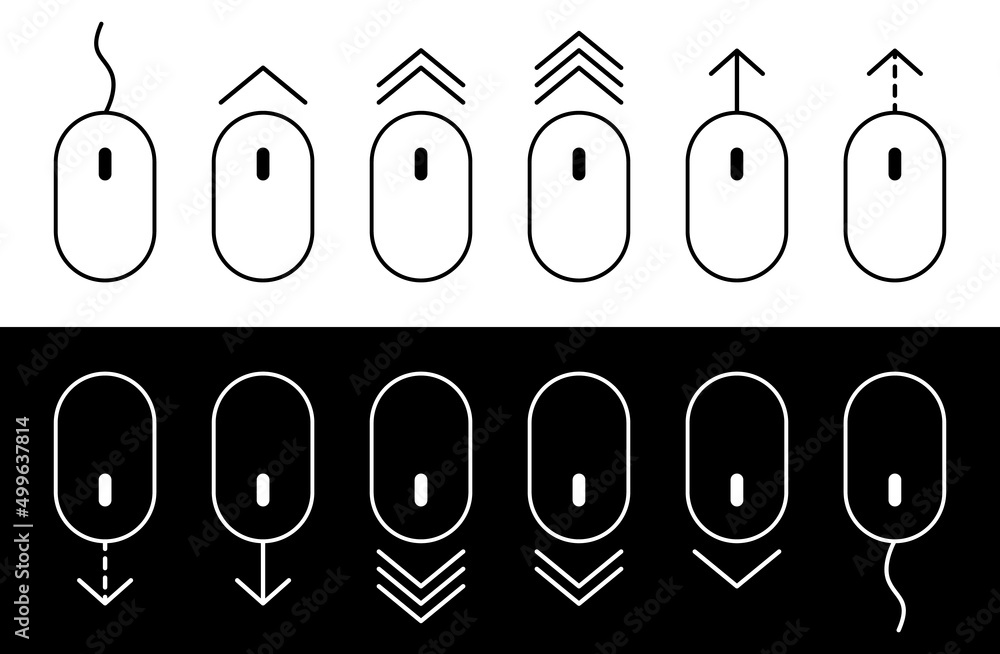 Scroll mouse. Scroll down and up. Arrow down and up. Icon of computer