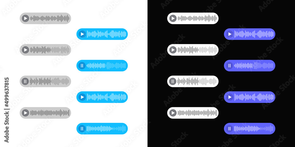 Vetor de Audio message. Voice chat isolated on white and black background.  Mockup of audio file in messenger. Design of interface for app. Record,  send and player sound bubbles. Vector do Stock