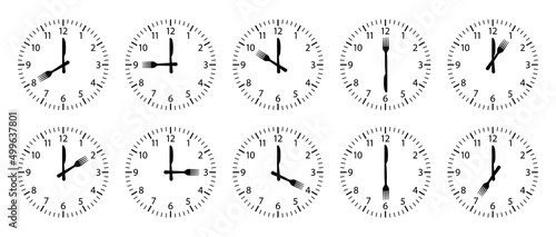 Clock with time breakfast. Clock with fork and knife. Food time icons isolated on white background. Breakfast, lunch, dinner on clocks. Logo for restaurant, kitchen and office. Vector photo