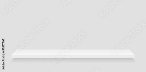 White wooden shelf on white wall. Bookshelf isolated on blank background. Empty interior for store, magazine, showcase and library. Design of exhibition in shop. Vector