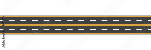 Straight asphalt road with yellow and white lines. Seamless horizontal highway. Street in city for car. Path with two lanes. Black track for traffic of transport. Roadway and speedway concept. Vector