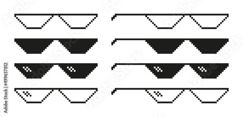 Pixel glasses. Minecraft glasses. Spectacles for meme. Sunglasses for thug, boss, rapper and gangster. 8bit game icon. Eyeglasses isolated on white background. Vector