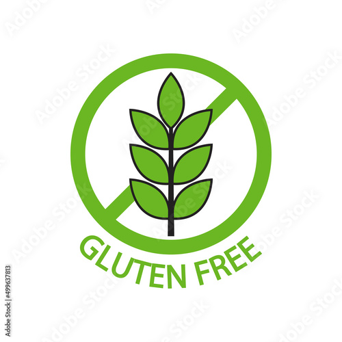 Gluten free. Food with gluten free. Icon of wheat. Sign for food and bread. Logo of grain. Symbol of diet. Stamp for product. Green label isolated on white background. Vector