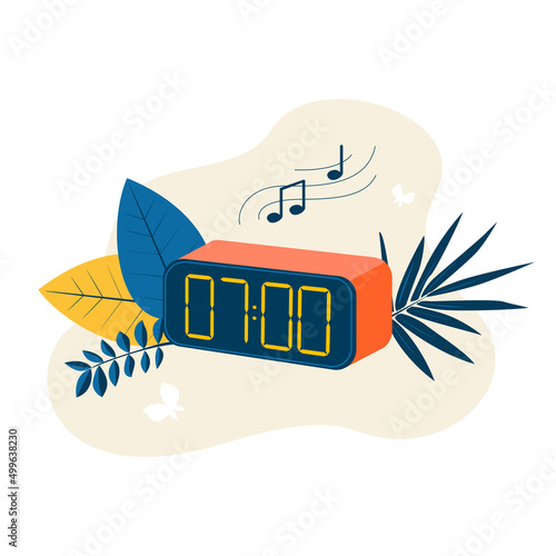 Time to wake up in the morning, alarm clock ringing. The concept of a healthy lifestyle, waking up early,. Flat vector illustration for landing, banners, flyers