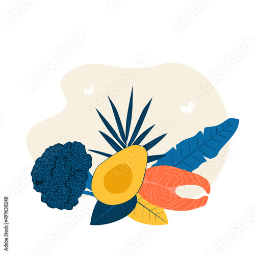 Composition of avocado, broccoli, red fish and leaves. The concept of weight loss, healthy lifestyles, diet, proper nutrition. Flat vector illustration for landing, banners, flyers