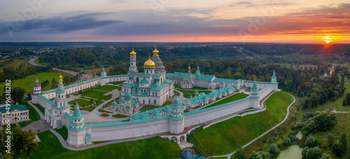 Panoramic aerial view of New Jerusalem Monastery on summer sunset. Istra, Moscow Oblast, Russia.