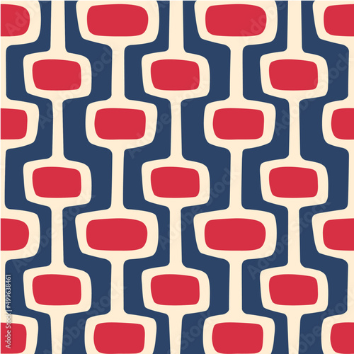 Mid-century modern atomic age background in patriotic red, white and blue. Ideal for wallpaper and fabric design. Inspired by Atomic Age in Western design.