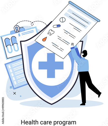 Health care program metaphor, online medical services, protection medicine. Medical insurance, hospital services, preventive check up, sick leave certificate treatment diagnosis patients, telemedicine