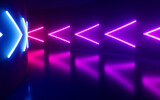 Neon arrows in the tunnel, 3d rendering.