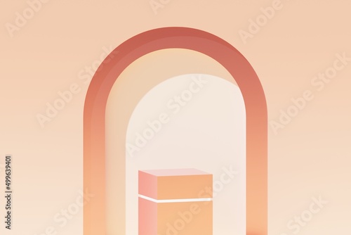 Geometric minimal beige arch background with cube podium. Light 3d illustration