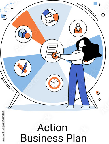 Action business plan, development strategies, foreseeing market risks. Company success secret, idea growing business achieve target metaphor, study production and sales market. Strategic biz planning