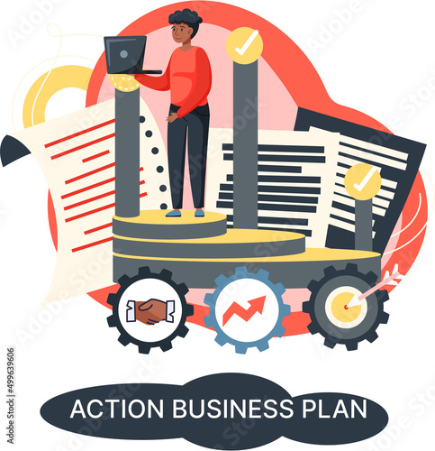 Action business plan, development strategies, foreseeing market risks. Company success secret, idea growing business achieve target metaphor, study production and sales market. Strategic biz planning