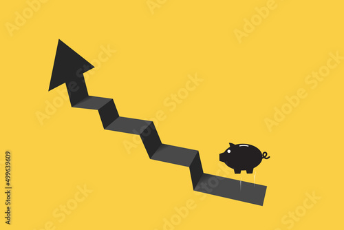 black Piggy Bank Jump on Arrow Up on yellow background. growing bars with piggy bank and arrow. Money saving or accumulating, Financial services, Deposit concept