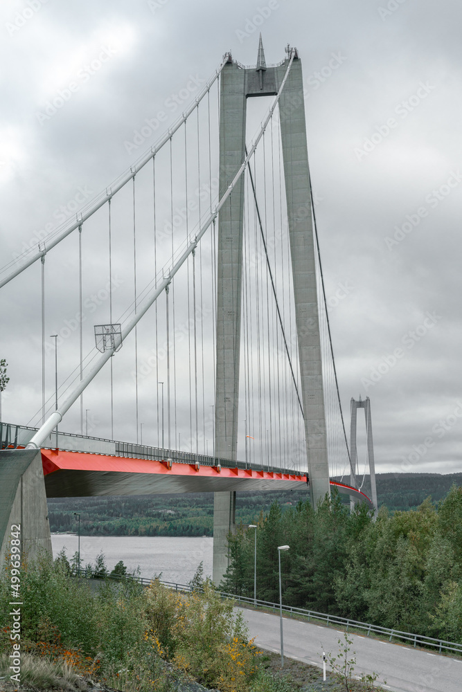 Hogakustenbron, suspension bridge in the High Coast area in Sweedn on a cloudy day. Hoga Kusten trail starting point