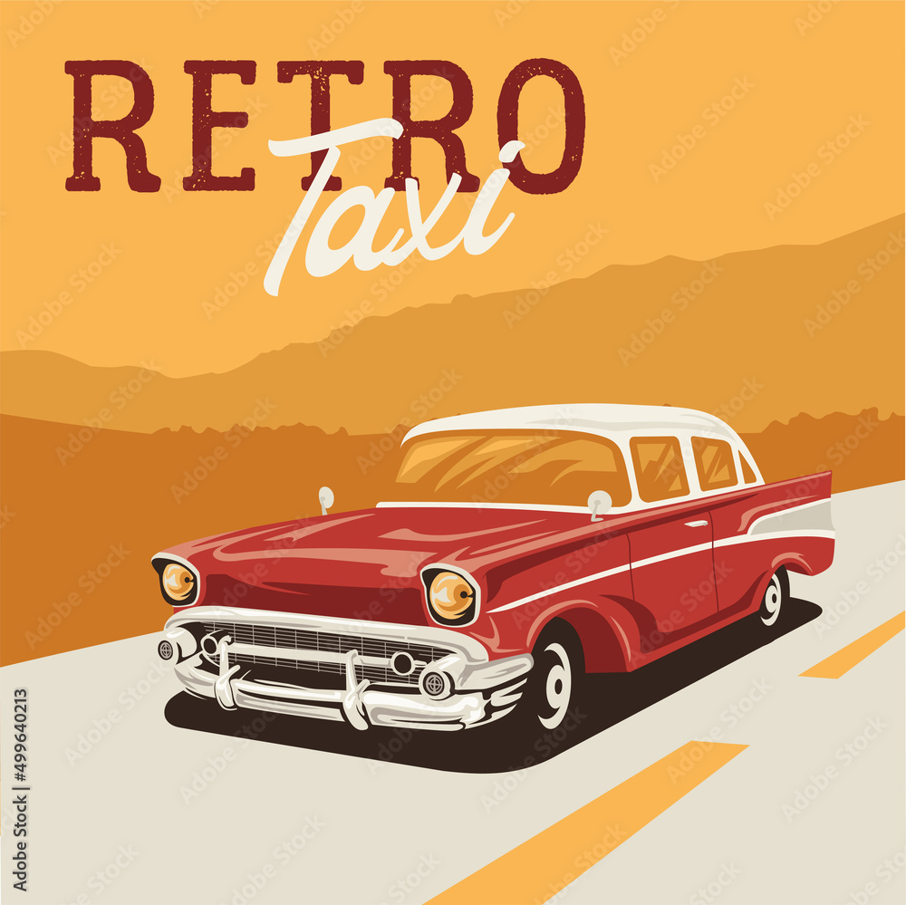 Postcard red taxi driving on the road. Retro car illustration 