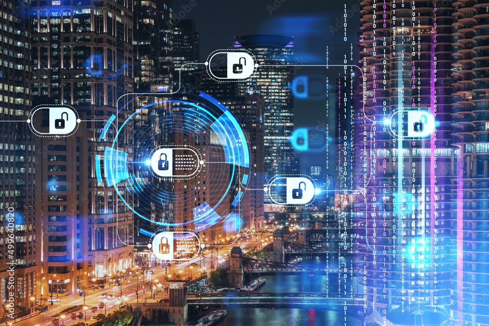 Illuminated aerial city panorama of Chicago Riverwalk downtown area, Boardwalk, bridges, night time, Illinois, USA. Decentralized economy. Blockchain, cryptography and cryptocurrency concept, hologram Illuminated aerial city panorama of Chicago Riverwalk downtown area, Boardwalk, bridges, night time, Illinois, USA. Decentralized economy. Blockchain, cryptography and cryptocurrency concept, hologram
