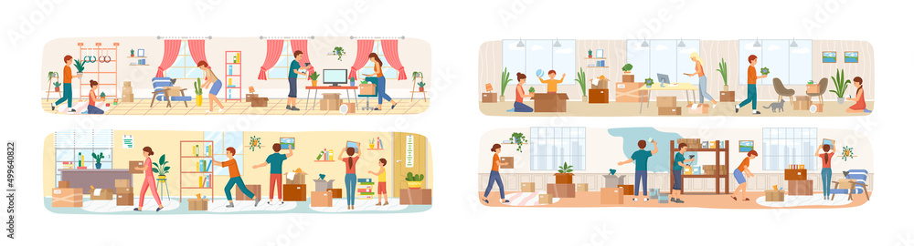Set of illustrations about people moving to new house, carrying things to apartment, changing place of residence, relocation. Unpacking things after shipping, decorating home. Rental of premises Set of illustrations about people moving to new house, carrying things to apartment, changing place of residence, relocation. Unpacking things after shipping, decorating home. Rental of premises