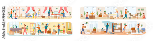 Set of illustrations about people moving to new house, carrying things to apartment, changing place of residence, relocation. Unpacking things after shipping, decorating home. Rental of premises © Dmytro