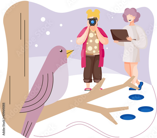 Woman photographer taking photo of bird. Group of ecologists conduct research on flora and fauna study surrounding nature. Female character holding camera and making picture, doing photo with laptop
