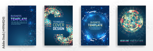 Modern cover design using tech elements and data visualization. Futuristic layout for presentation, poster, leaflet, annual report, a4 size. Abstract vector template in hi-tech style.