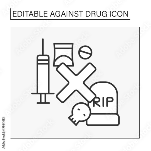  Against drug line icon. Death due to drug abuse. Injections, smoking weed and cigarettes. Unhealthy addictions. Bad habits concept. Isolated vector illustration. Editable stroke
