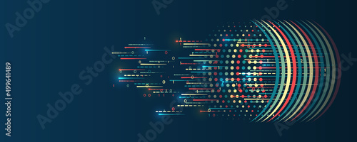 Abstract transformation of information. Processing sorting data fragmentation. Business analytics. The flow of information in the form of waves and particles. Visualization of a large amount of data.