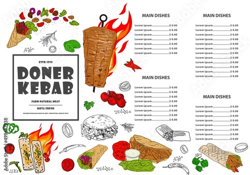 Placemat menu restaurant Shawarma brochure, cafe template design. Doner kebab hand drawn.  Food flyer. Vector.