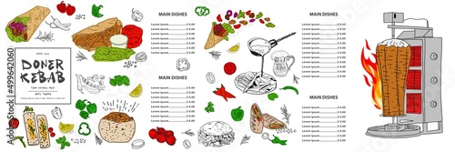 Shawarma cooking and ingredients for kebab. Doner kebab hand drawn. Middle eastern food. Fast food menu design elements. Restaurant cafe menu, template design. Food flyer. Vector.