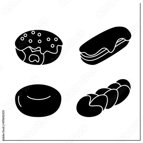 Homemade donuts glyph icons set. Yeast and twist doughnut, long and filled donut. Concept of fresh and tasty bakery and pastry recipe.Filled flat signs. Isolated silhouette vector illustrations