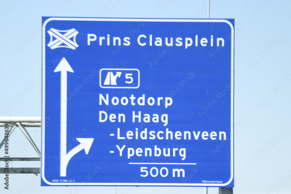 Blue direction and information sign for the directions on Motorway A12 junction 5 to Nootdorp Blue direction and information sign for the directions on Motorway A12 junction 5 to Nootdorp