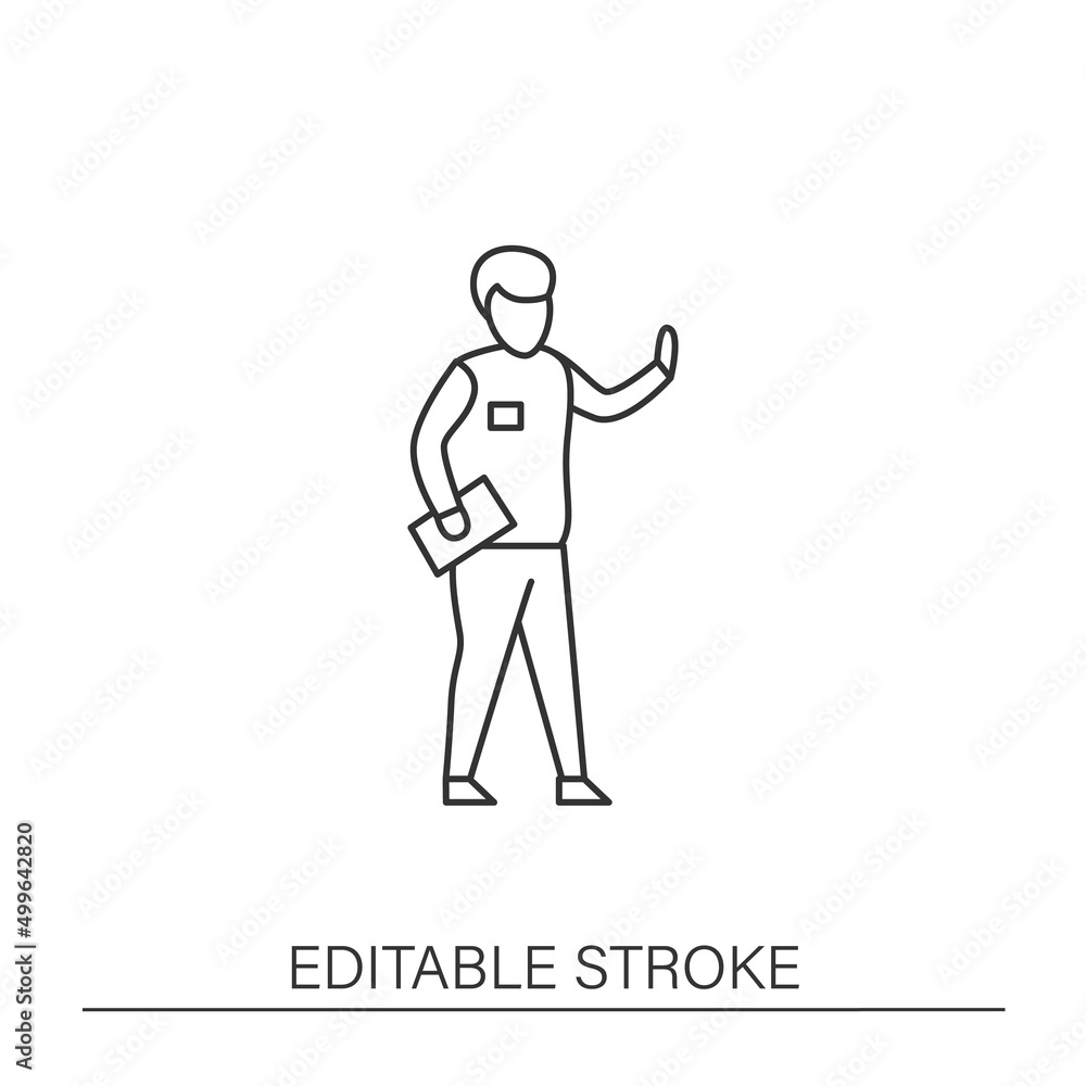  Work line icon. Man waving to people. Promoting products. Businessman.Modern profession. Career concept. Isolated vector illustration. Editable stroke