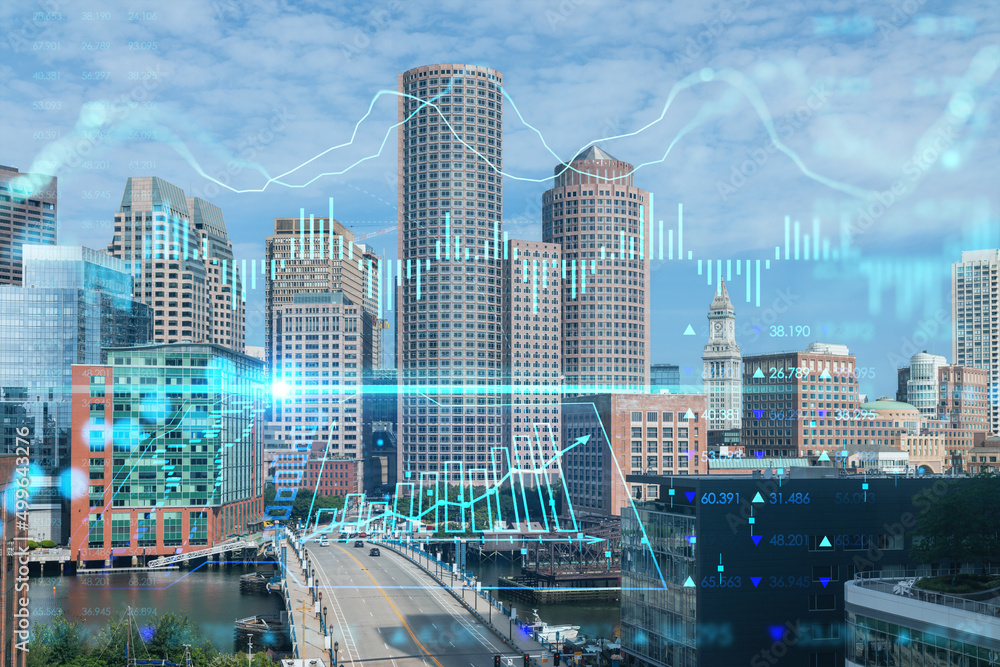 Obraz premium Panorama city view of Boston Harbor at day time, Massachusetts. Building exteriors of financial downtown. Glowing FOREX graph hologram. The concept of international trading and fundamental analysis