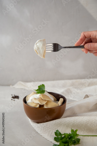 A bowl of dumplings with cottage cheese with sour cream and parsley. In hand is a fork with a dumpling with cottage cheese on a light gray background.