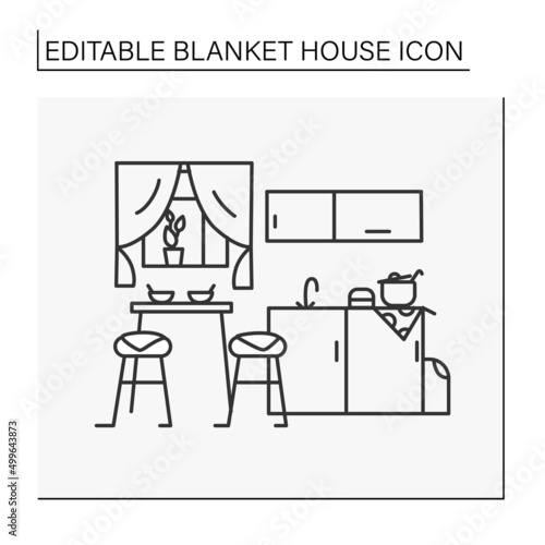 Kitchen line icon. Dining room, kitchen room with table, chairs, plant decoration and served tea. House interior and furniture.Blanket house concept. Isolated vector illustration.Editable stroke