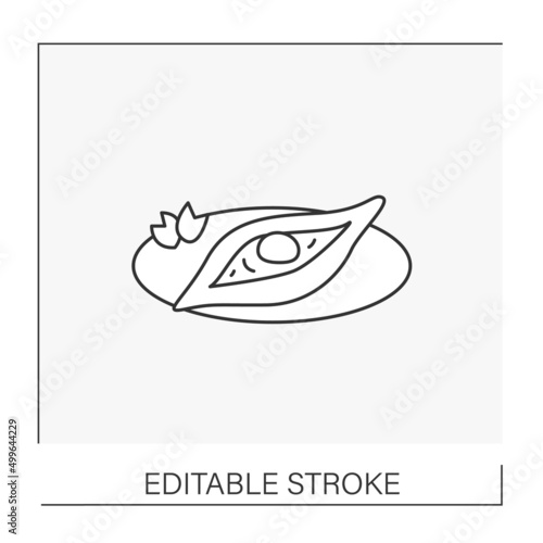  Khachapuri line icon. Georgian cheese pie with yolk. Traditional bakery.Recipe for cafes and restaurants concept. National dishes concept. Isolated vector illustration. Editable stroke