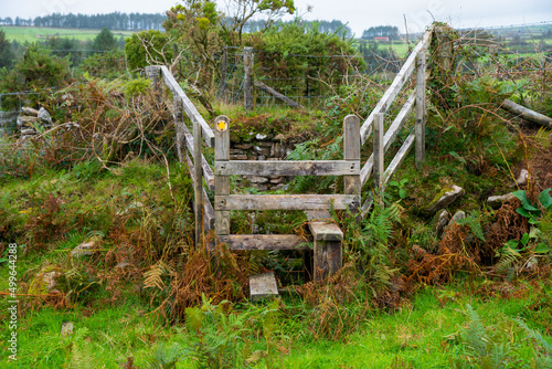 Wooden stile near St Breward in Cornwall, UK. Stiles allows persons a passage over the fence but prevents livestock to move from one enclosure to another. photo
