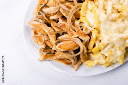 Fries with mozzarella on top and Chicken Breast with onion on top. Portion. (ID: 499644474)