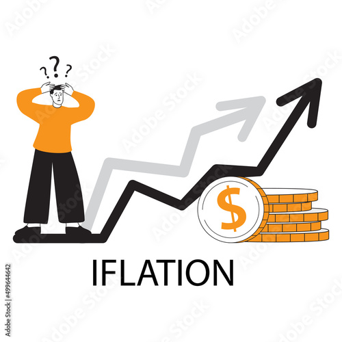 Economic inflation dollar value increase.Cost low and loss. Tiny people standing near piles of coins.Financial crisis.Character cartoon flat cartoon style.Isolated on white background.