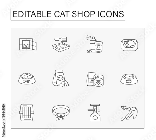 Cat shop line icons set. Productions for cats. Shopping. Shop concepts. Isolated vector illustrations. Editable stroke