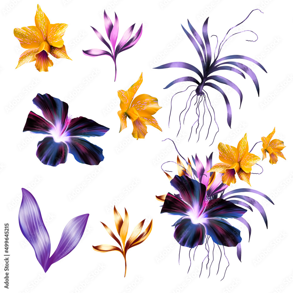 Obraz premium Purple Hibiscus, Yellow Orchids, Strelitzia, Tropical Flower Bouquet, Pink Flowers DIY Wedding Flowers