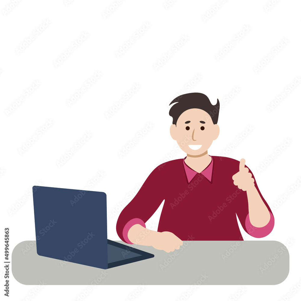 Portrait of happy student with laptop, flat vector isolated on white background
