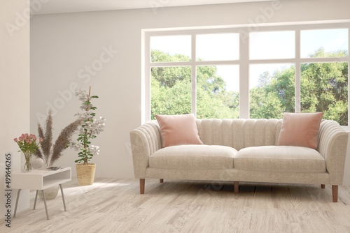 White living room with sofa and summer landscape in window. Scandinavian interior design. 3D illustration