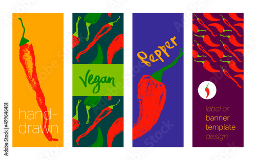 Vector hot pepper banner. Hand-drawn pattern. Peppers illustration. Pepper drawings. Red chilli background. Organic homemade vegetables. Vegan food wallpaper. Spices backdrop. Vegetarian restaurant.