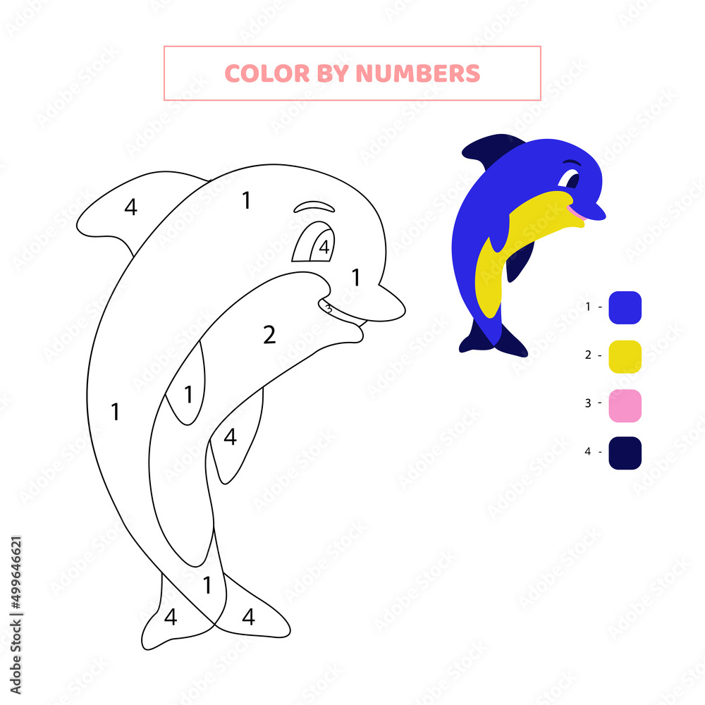Obraz premium Color cute dolphin by numbers. Game for kids.