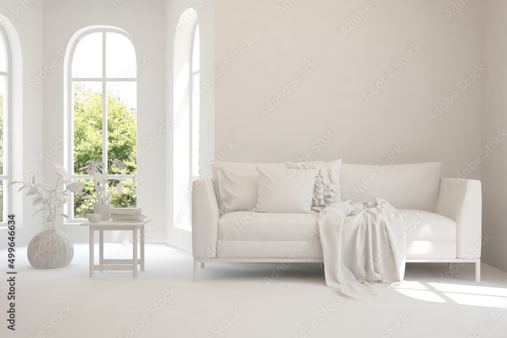 White minimalist living room with sofa. Scandinavian interior design. 3D illustration White minimalist living room with sofa. Scandinavian interior design. 3D illustration