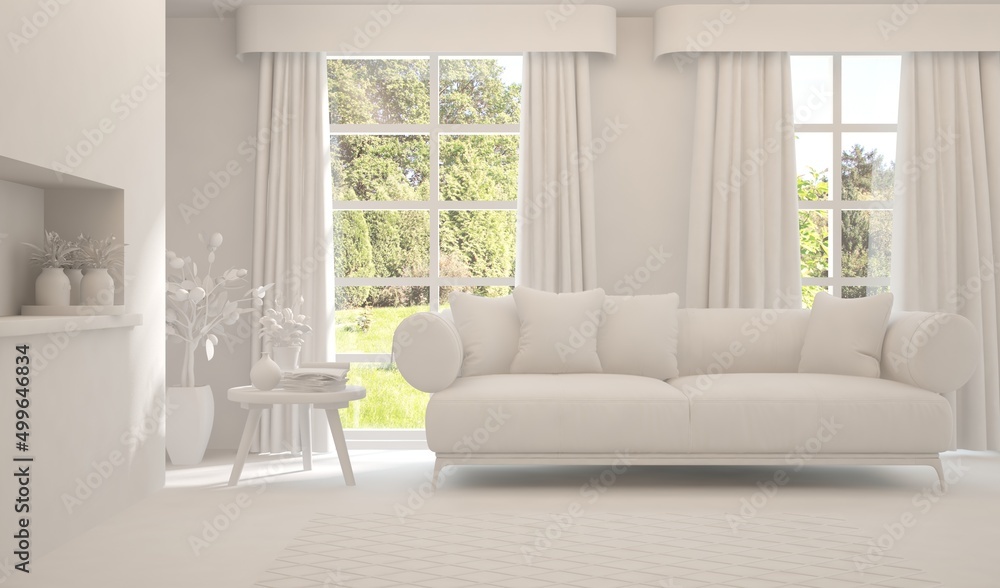 Mock up of stylish room in white color with sofa and green landscape in window. Scandinavian interior design. 3D illustration Mock up of stylish room in white color with sofa and green landscape in window. Scandinavian interior design. 3D illustration