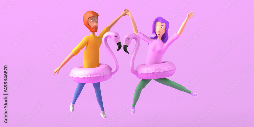 Young couple high fiving with flamingo floats. Summer concept. Copy space. 3D illustration. Young couple high fiving with flamingo floats. Summer concept. Copy space. 3D illustration.