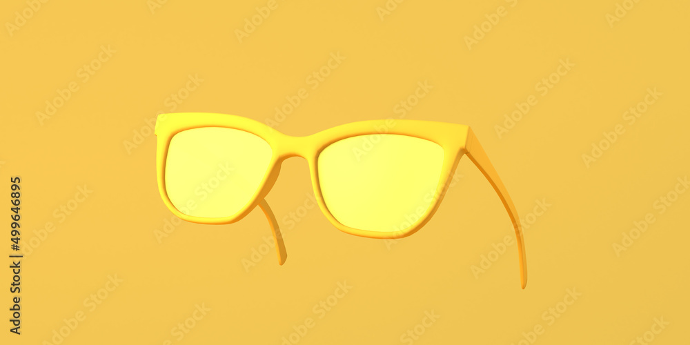 Sunglasses on yellow background. Summer concept. Copy space. 3D illustration.