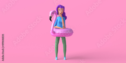 Young woman thinking with flamingo float. Summer concept. Copy space. 3D illustration.
